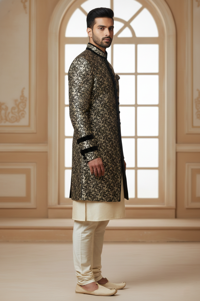 Gold & Charcoal Baroque Indo-Western Sherwani