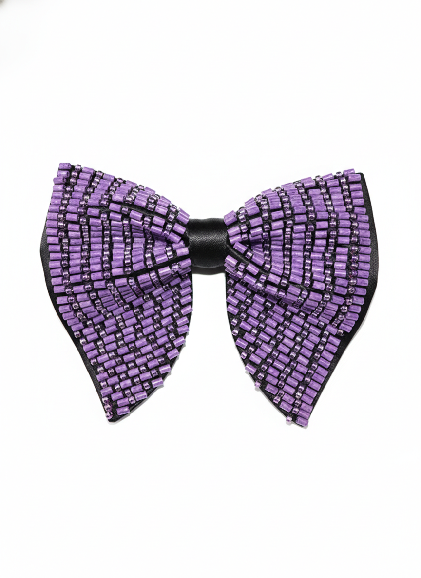 Sophisticated Black Bowtie with Striped Purple Bugle Beadwork Pattern