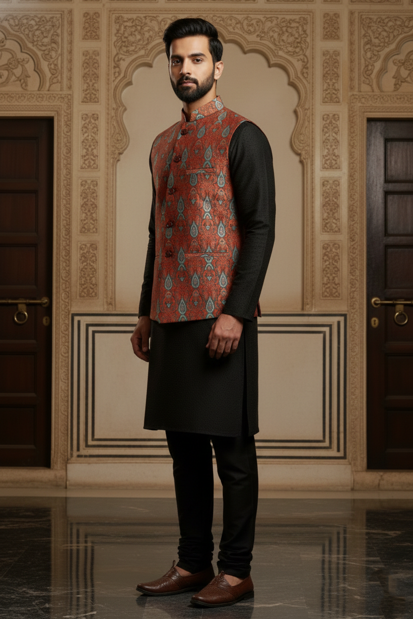 Men’s Rust Orange Printed Nehru Jacket | Ethnic Patterned Mandarin Collar Waistcoat for Festive & Wedding Wear