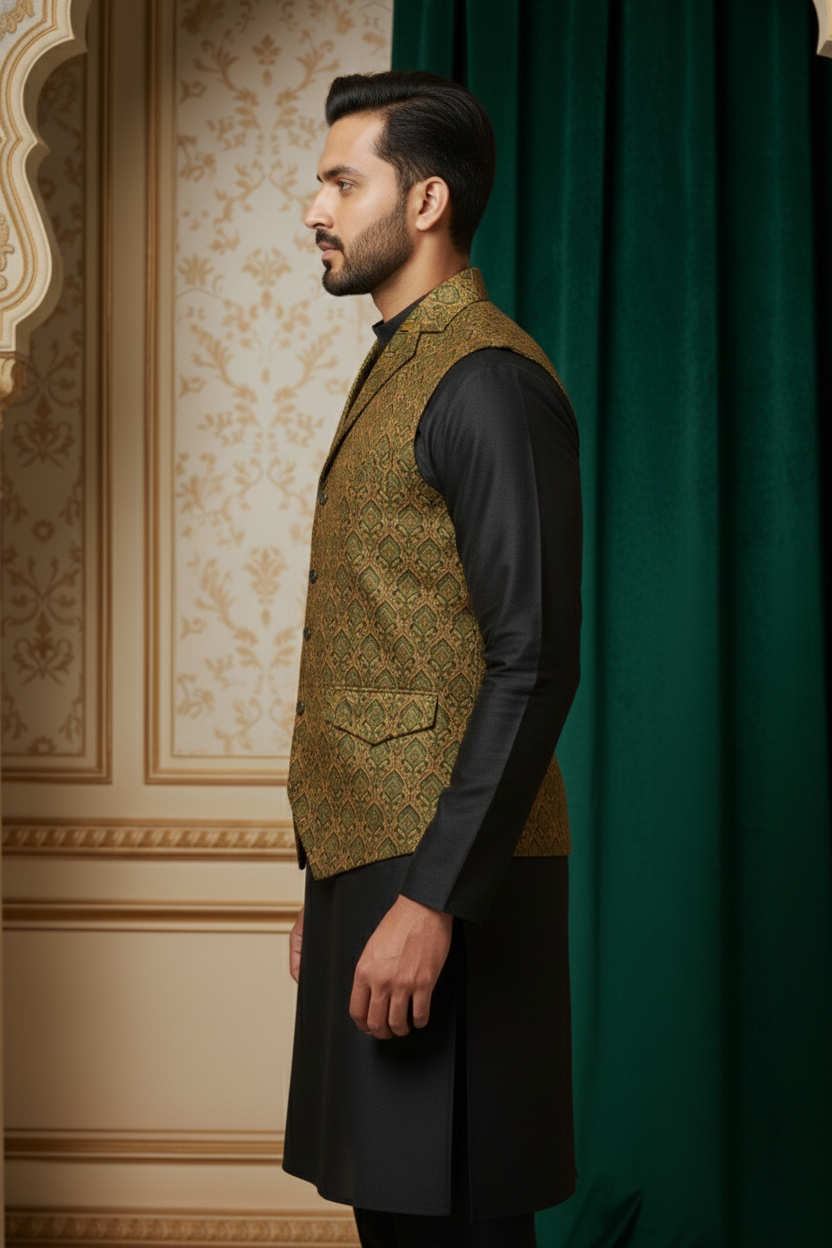 Designer Men’s Brocade Nehru Jacket | Traditional Wedding & Festival Wear Sleeveless Waistcoat with Mandarin Collar