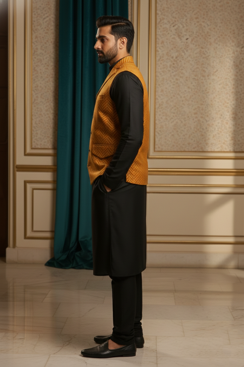 Men’s Mustard Brocade Nehru Jacket | Ethnic Wedding Festive Party Wear Sleeveless Waistcoat with Mandarin Collar for Kurta & Indo Western Outfit