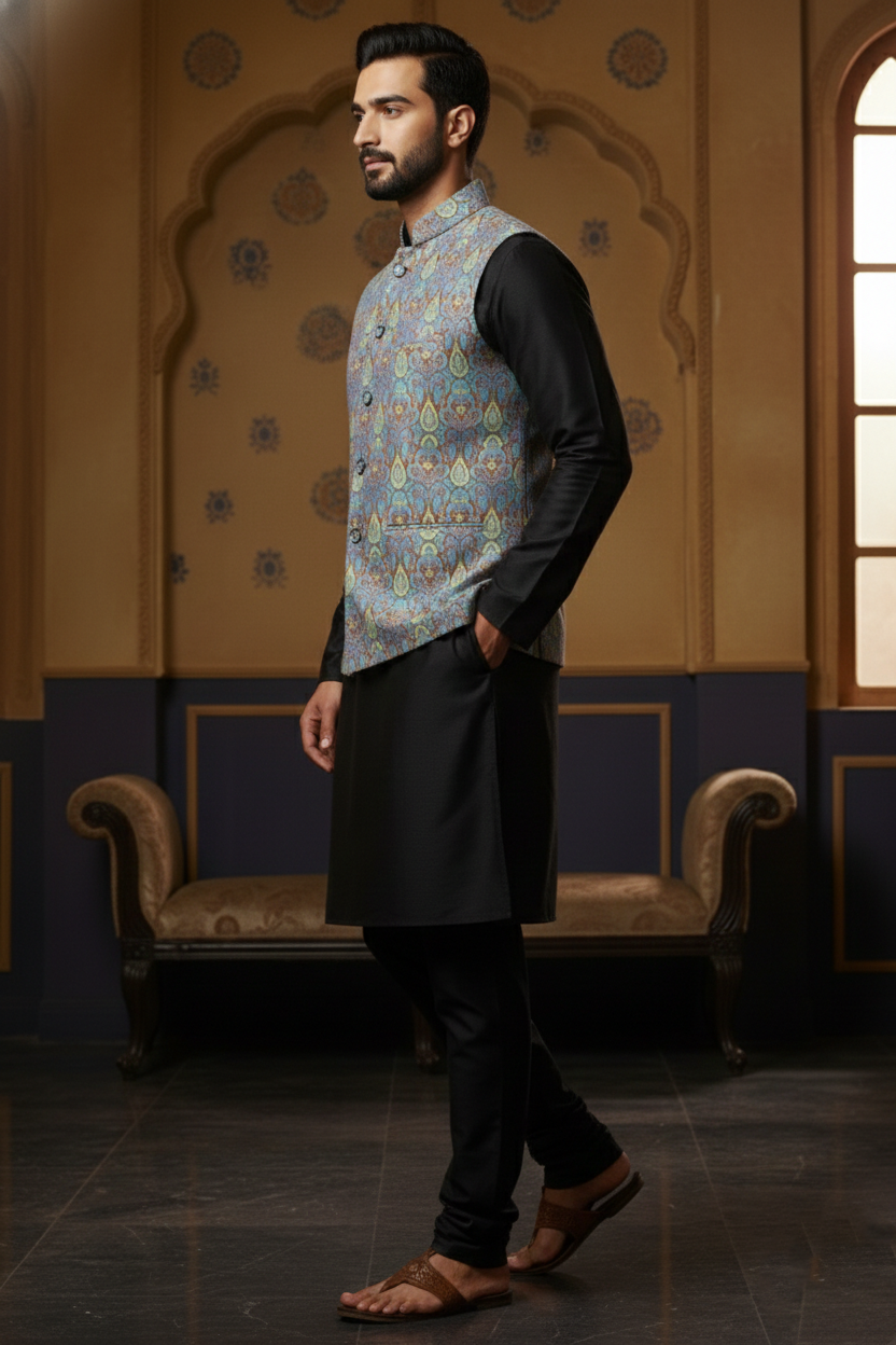Men’s Blue Printed Nehru Jacket | Ethnic Mandarin Collar Waistcoat for Festive & Wedding Wear