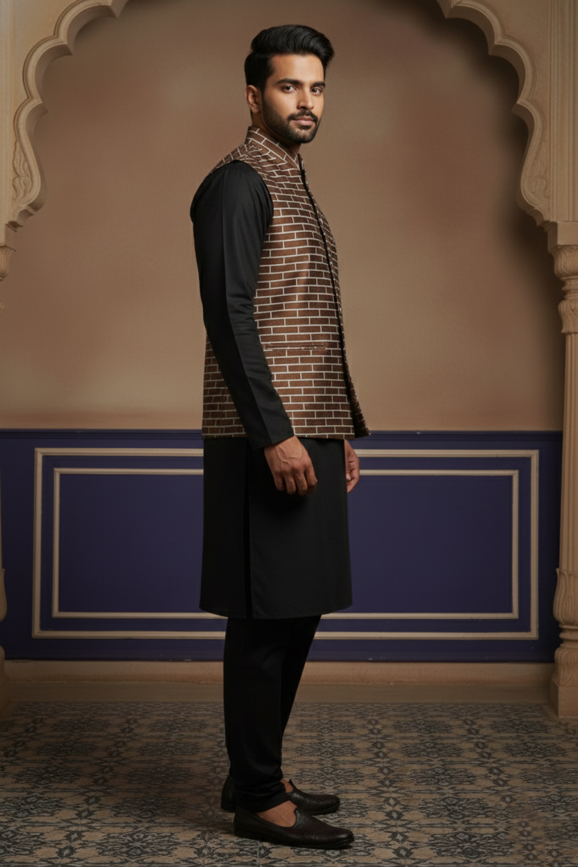 Men’s Brown Nehru Jacket with White Line Pattern