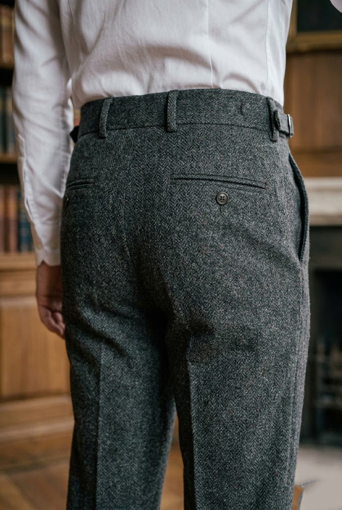 Men's Grey Herringbone Tweed Side-Adjuster Trousers