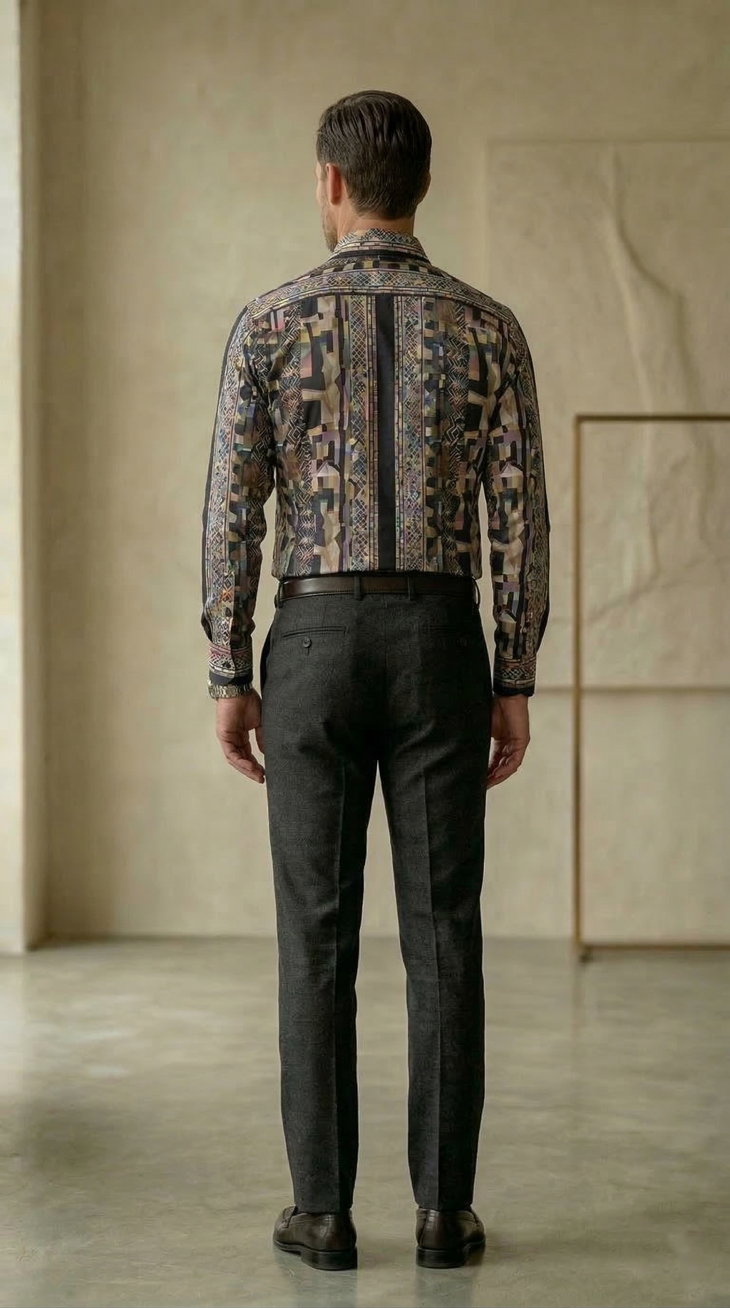 Men’s Slim-Fit Mosaic Geometric Print Silk-Blend Shirt – Midnight & Cream