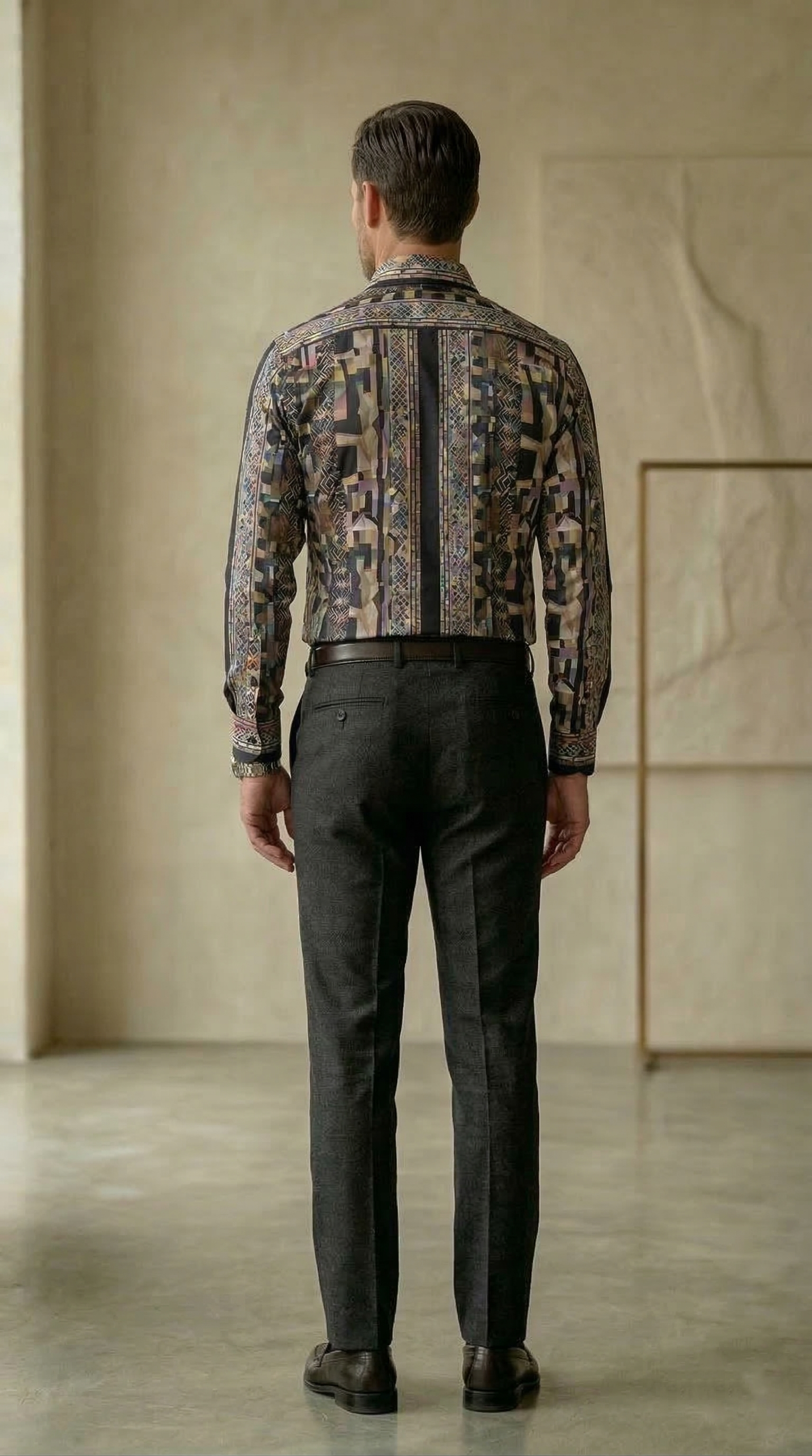 Men’s Slim-Fit Mosaic Geometric Print Silk-Blend Shirt – Midnight & Cream