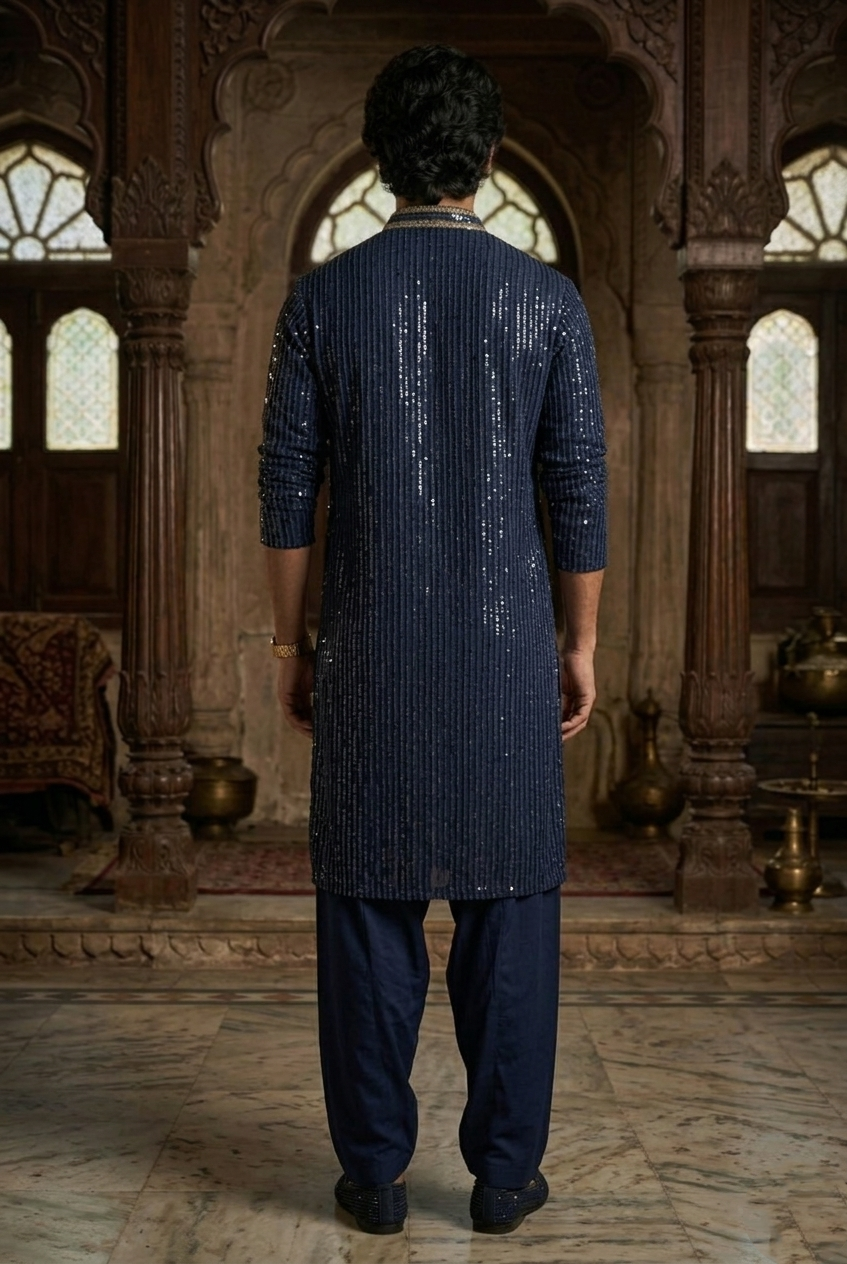 Navy Blue Heavy Sequin Designer Kurta Pajama