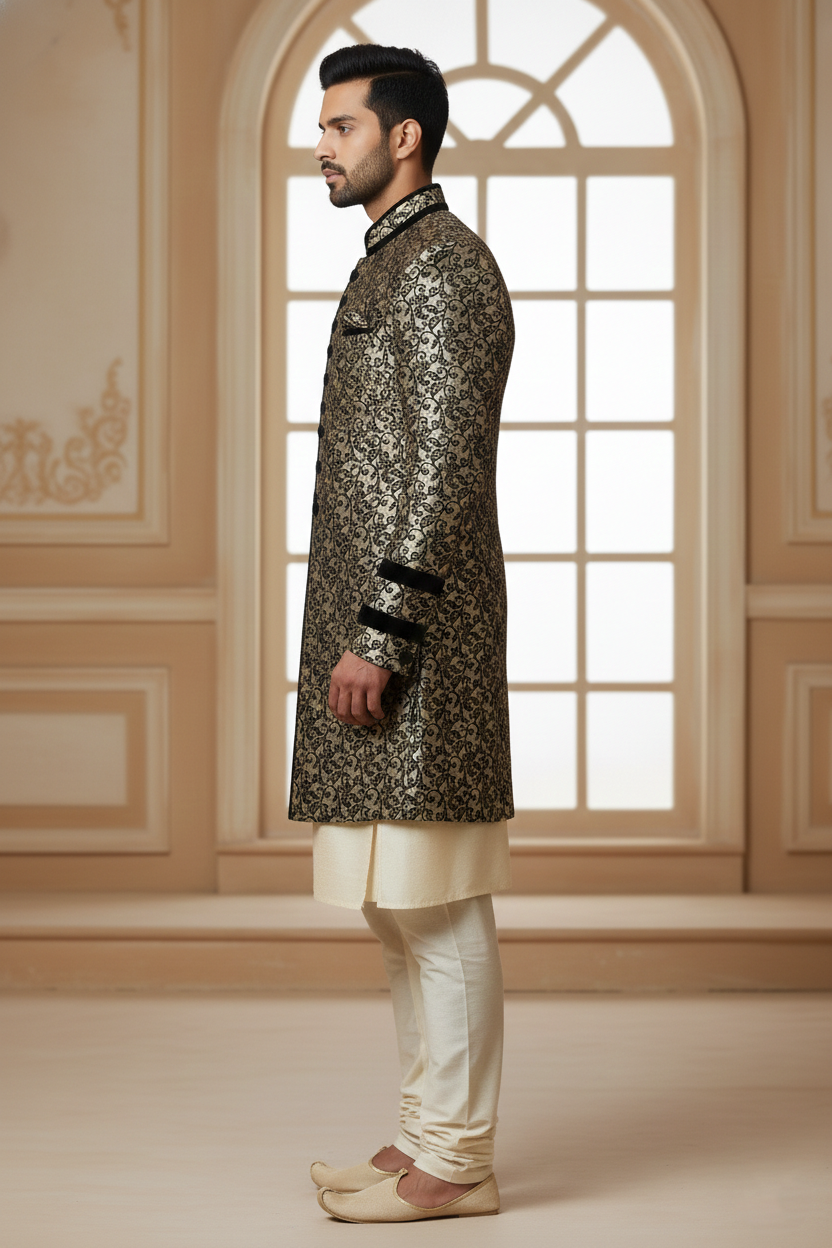 Gold & Charcoal Baroque Indo-Western Sherwani