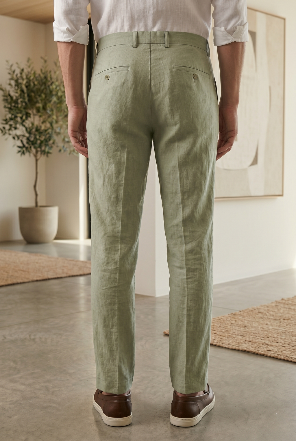 Men's Tailored Slim-Fit Linen Trousers in  Sage