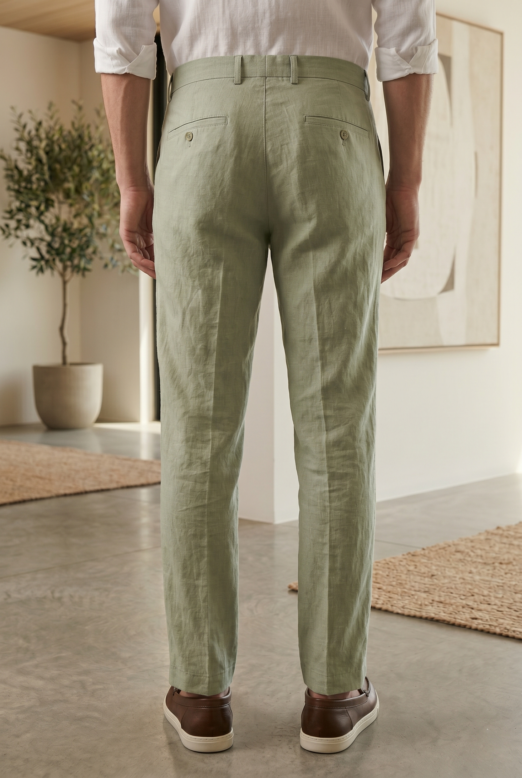 Men's Tailored Slim-Fit Linen Trousers in  Sage