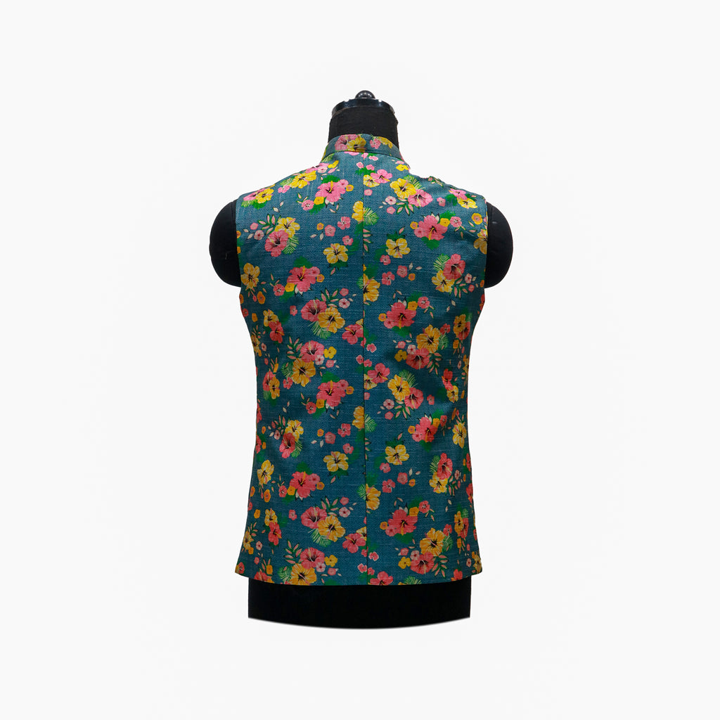 Men’s Teal Floral Printed Nehru Jacket with Ivory Kurta  Pajama – Festive & Wedding Wear
