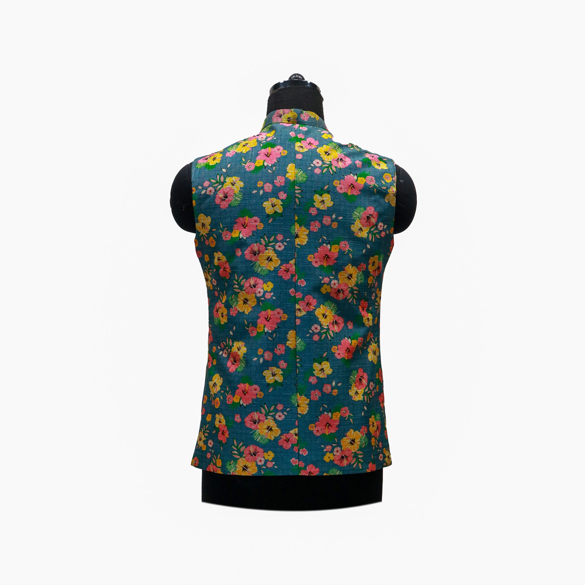 Men’s Teal Floral Printed Nehru Jacket with Ivory Kurta  Pajama – Festive & Wedding Wear