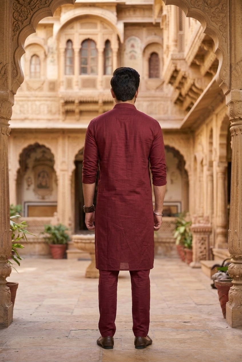 Men’s Wine Red Cotton Silk Plain Kurta Pajama Set