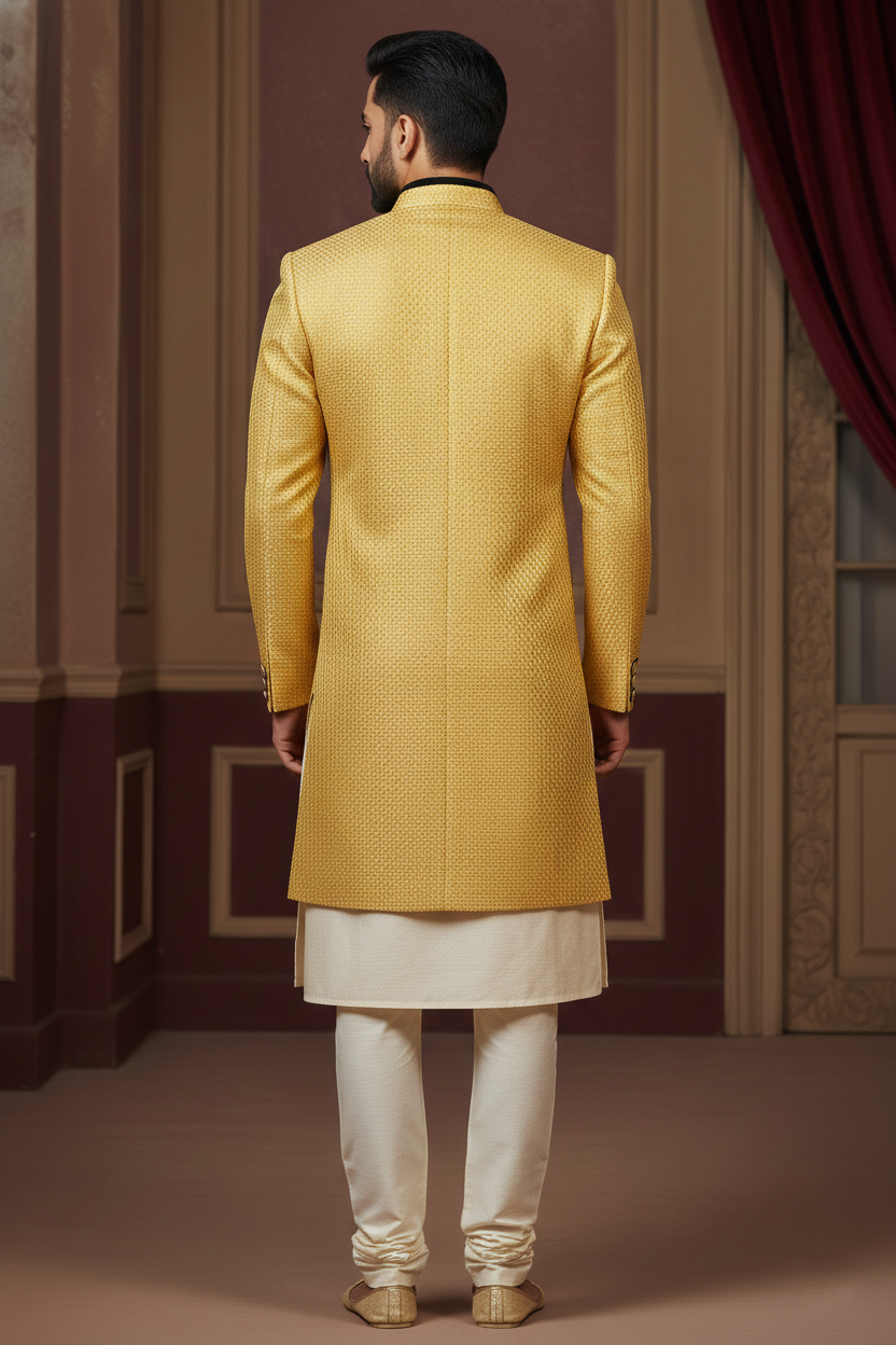 Sun-Kissed Mustard Textured Indo-Western Sherwani