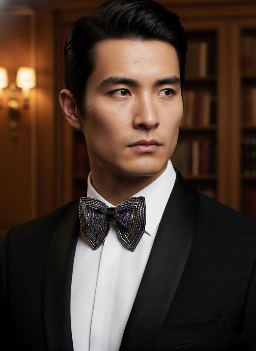 Luxury Black Bowtie with Silver and Purple Geometric Beadwork