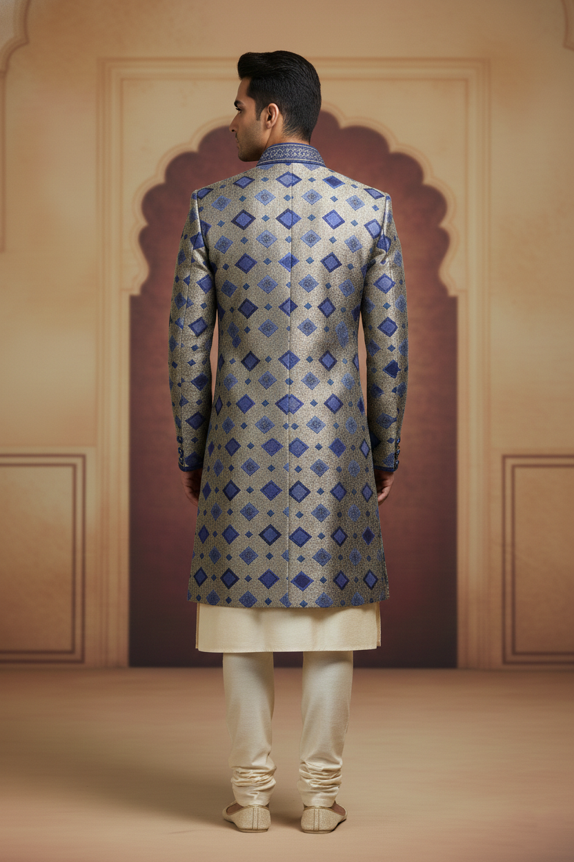 The Cobalt Lattice: Geometric Silk Sherwani