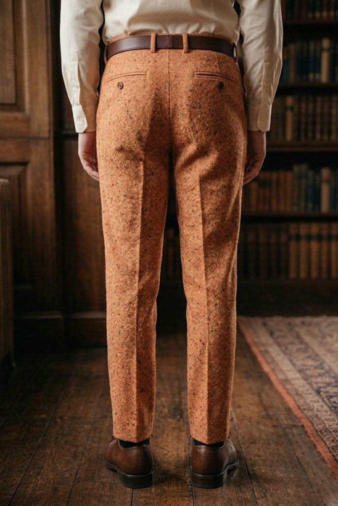 Men's Apricot Peach Herringbone Tweed Tailored Trousers