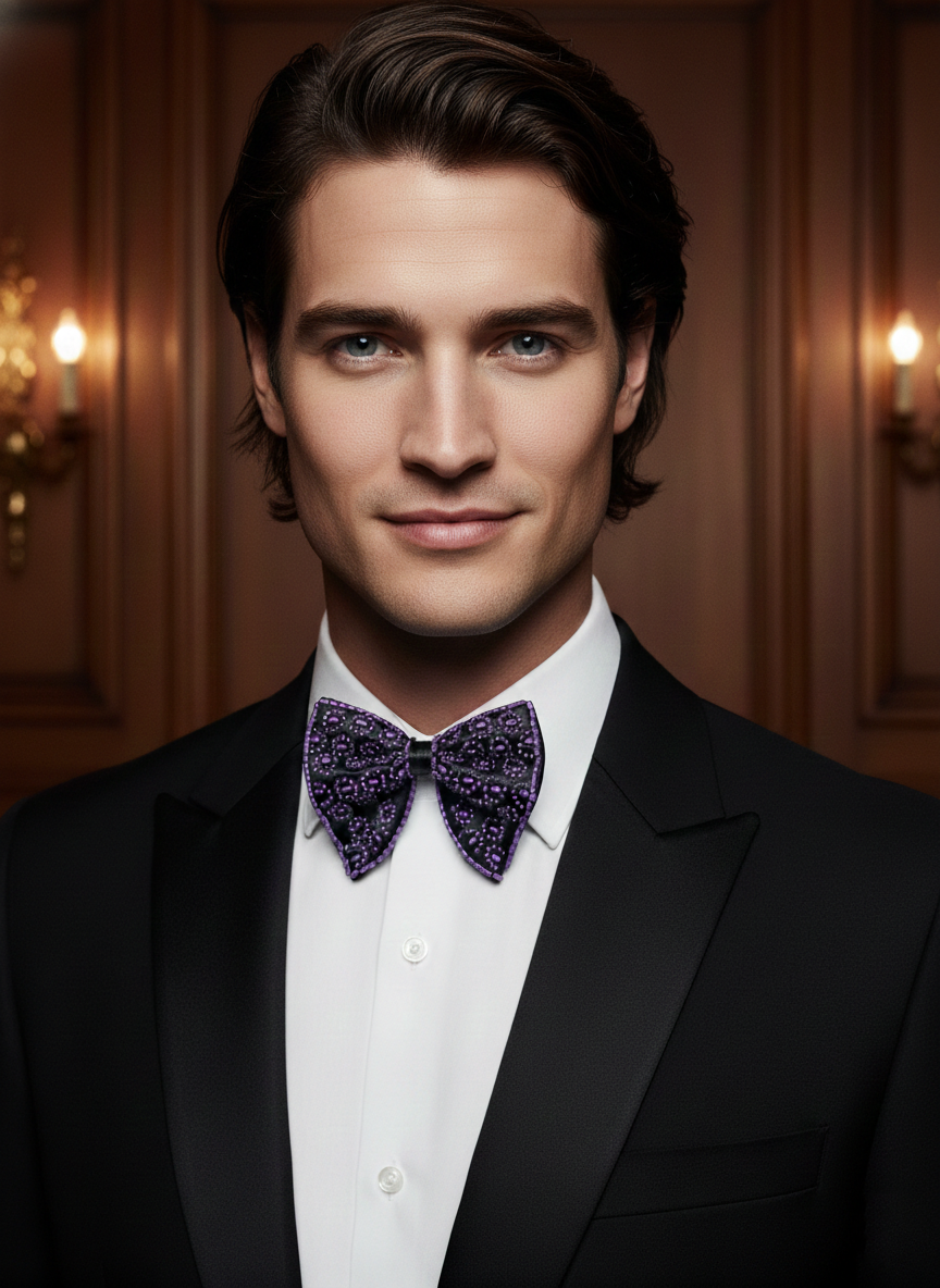 Chic Black Bowtie Featuring Purple Leopard Print Beadwork Pattern