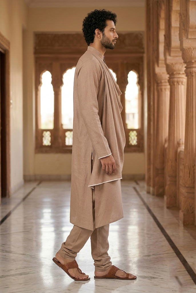 Men's Beige Draped Asymmetric Designer Kurta Pajama
