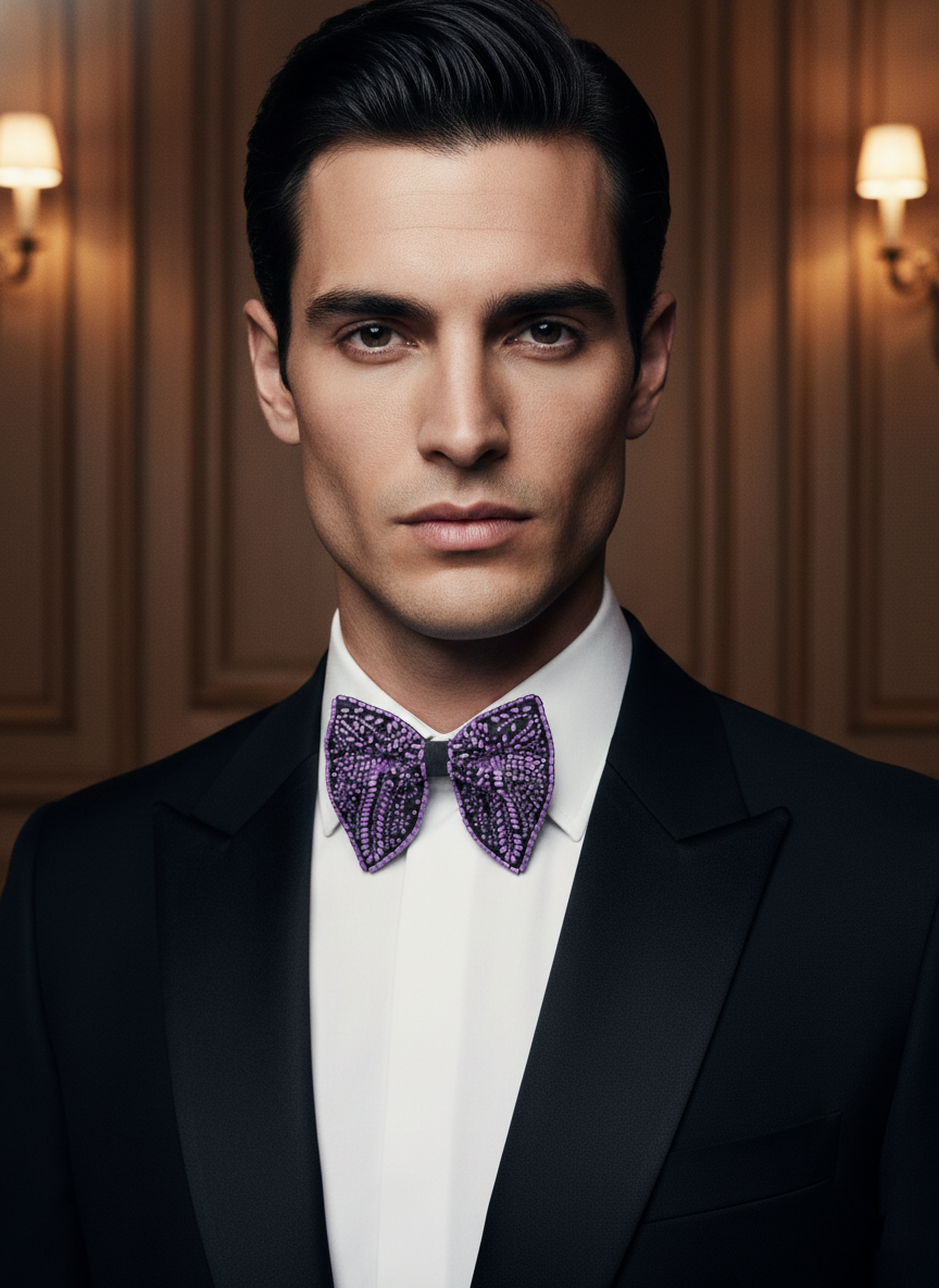 Exquisite Purple and Black Beaded Bow Tie Statement Accessory