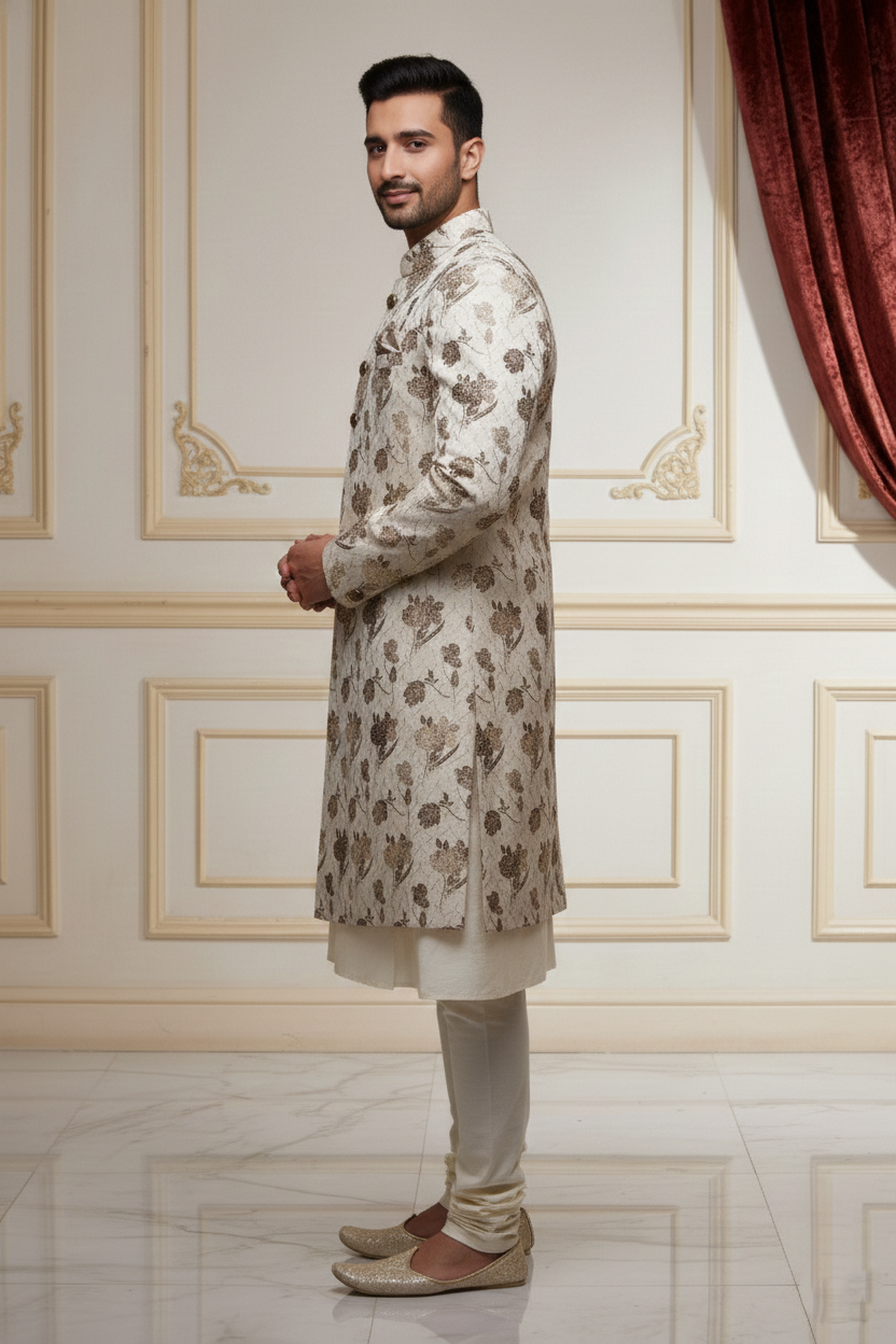 The Pearl Blossom: Ivory & Gold Floral Sherwani