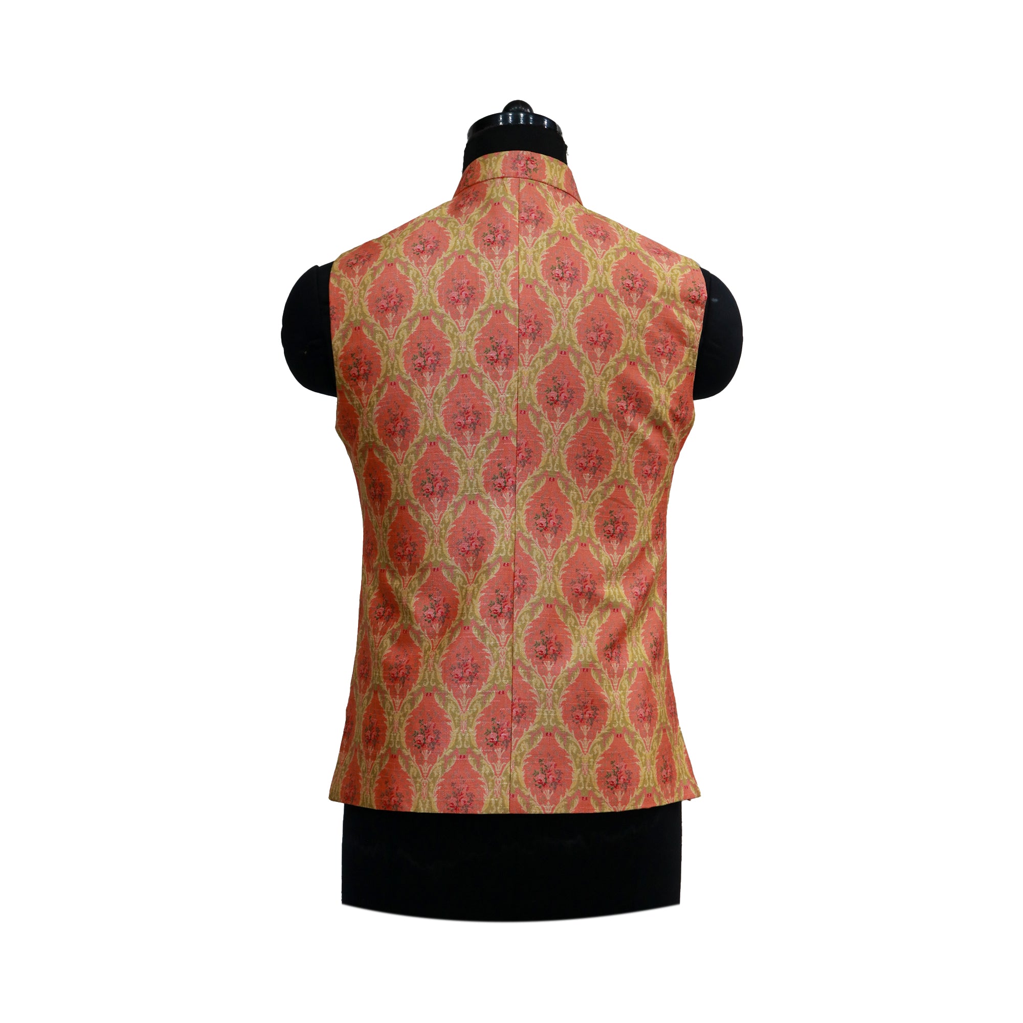 Men’s Red & Gold Patterned Nehru Jacket with Ivory Kurta  Pajama – Royal Festive Wear