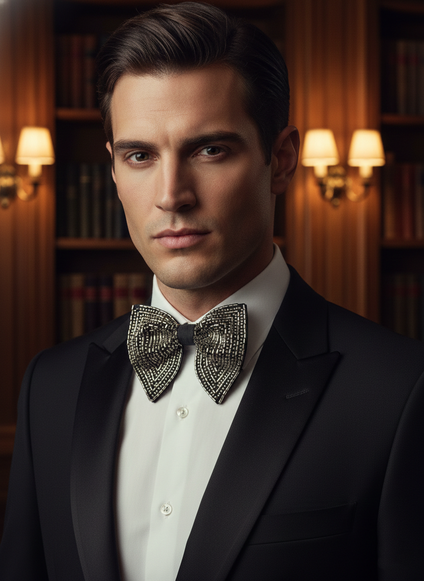 Exquisite Black Bowtie with Geometric Bronze Bugle Beads