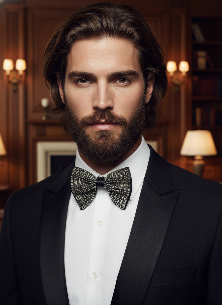 Sophisticated Black Bowtie with Striped Silver Bugle Beadwork Pattern
