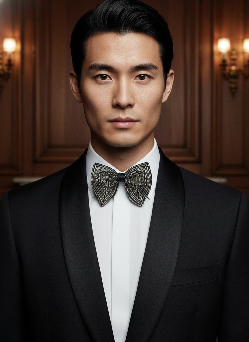 Striking Silver and Black Beaded Chevron Luxury Bow Tie