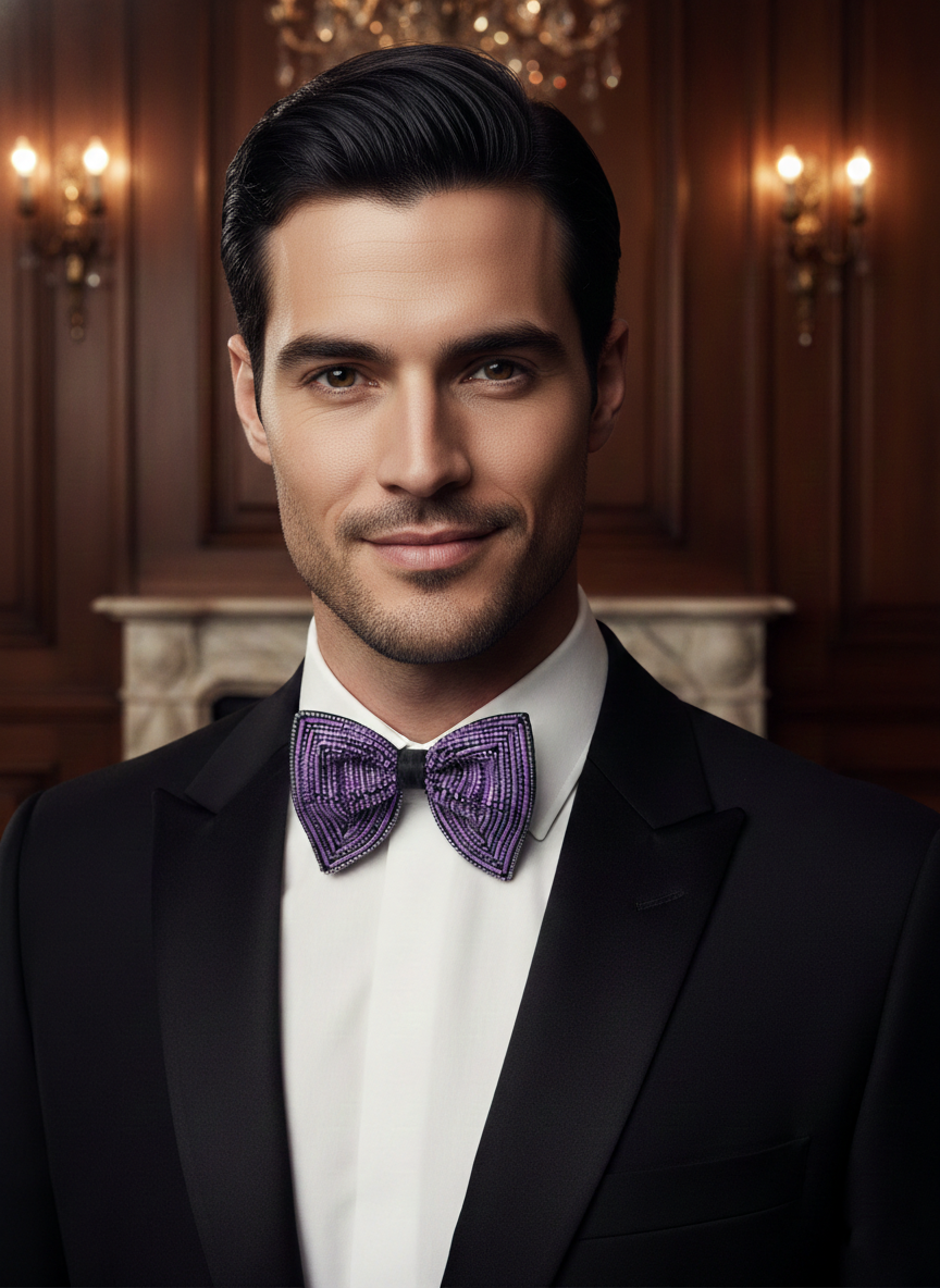 Luxury Black Bowtie with Radiant Purple Geometric Beadwork