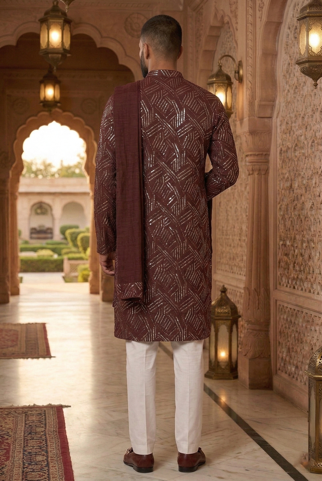Wine Geometric Foil Print Partywear Kurta Pajama  Set