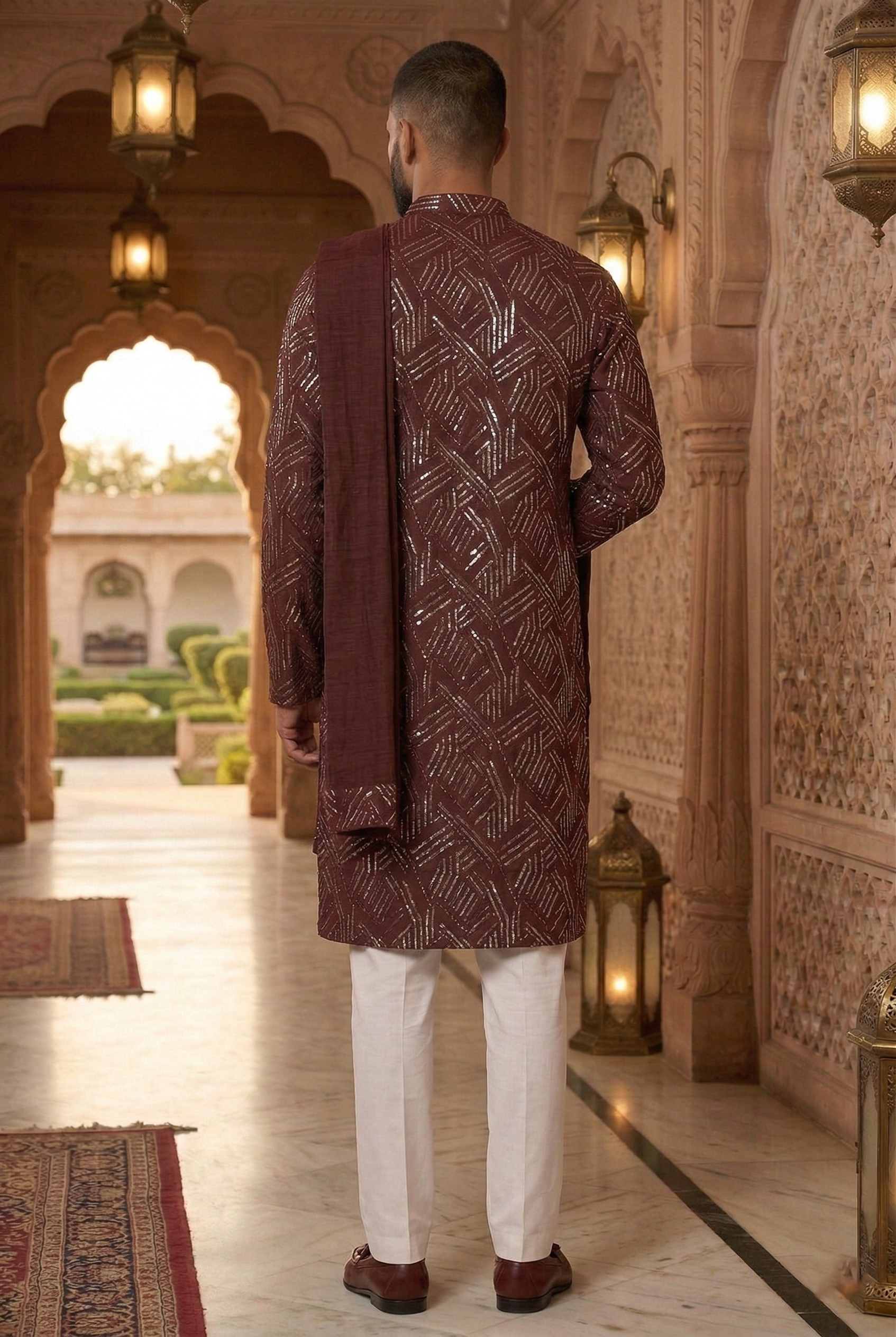Wine Geometric Foil Print Partywear Kurta Pajama  Set