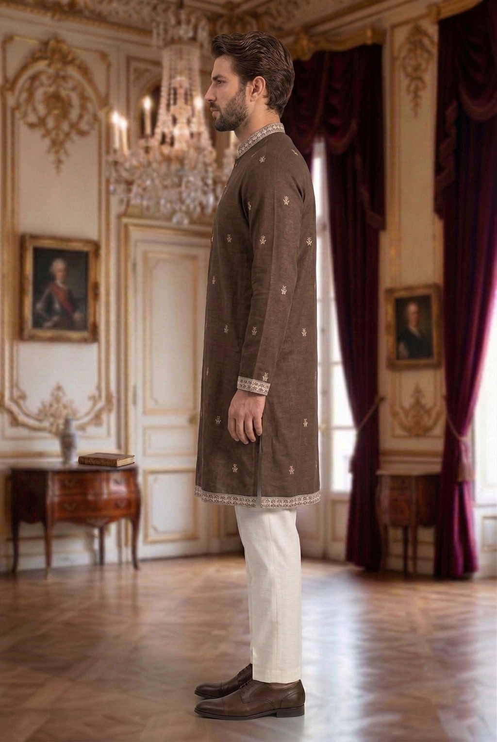 Men's Chocolate Brown Embroidered Kurta with  White Trousers