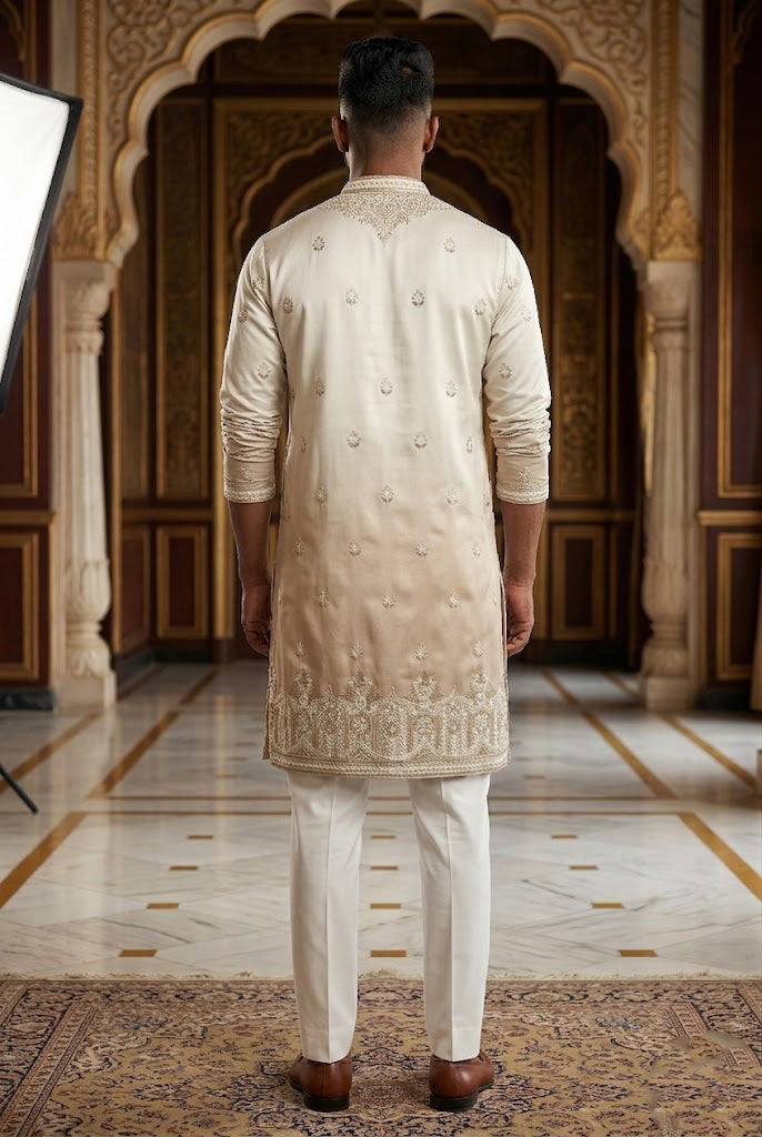 Men's Cream Ombré Embroidered Designer Kurta  Pajama