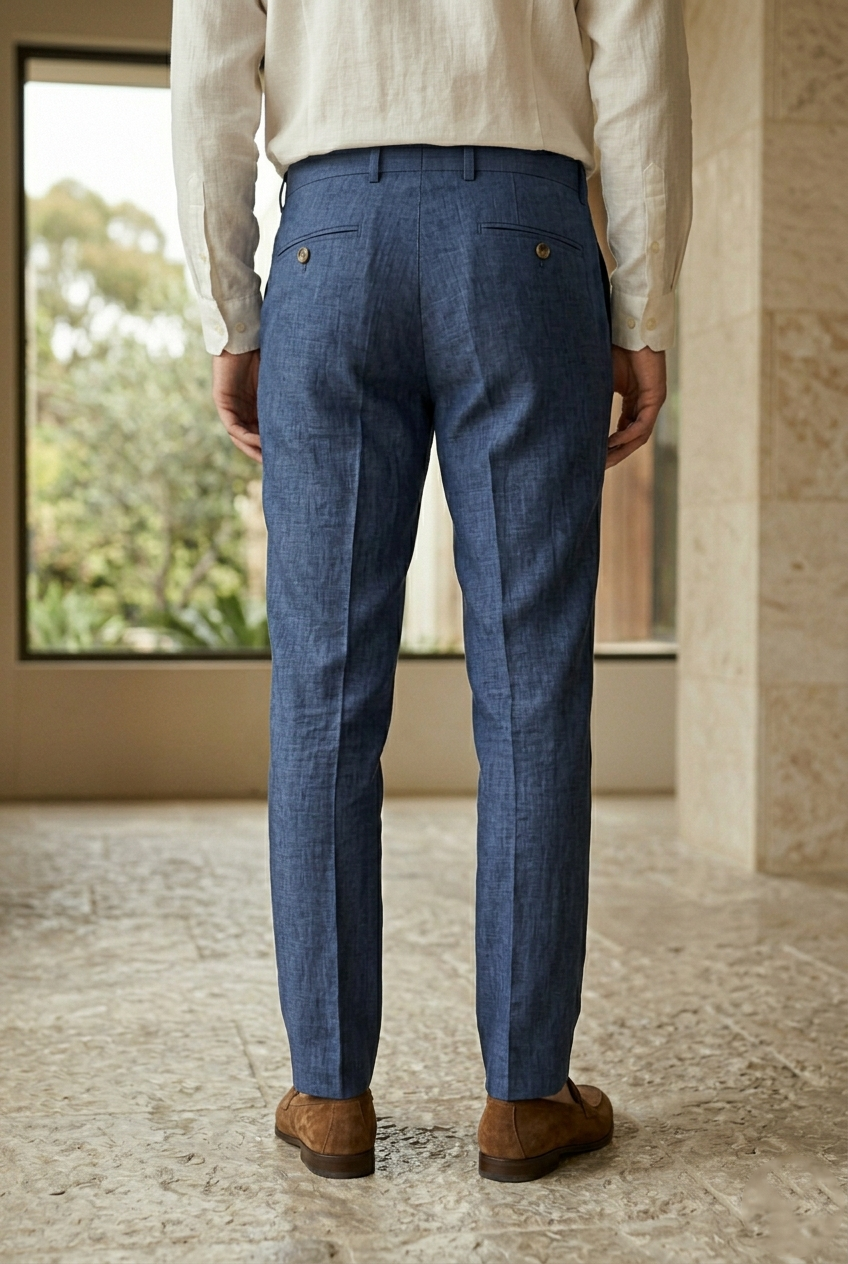 Men's Tailored Slim-Fit Linen Trousers in  Indigo