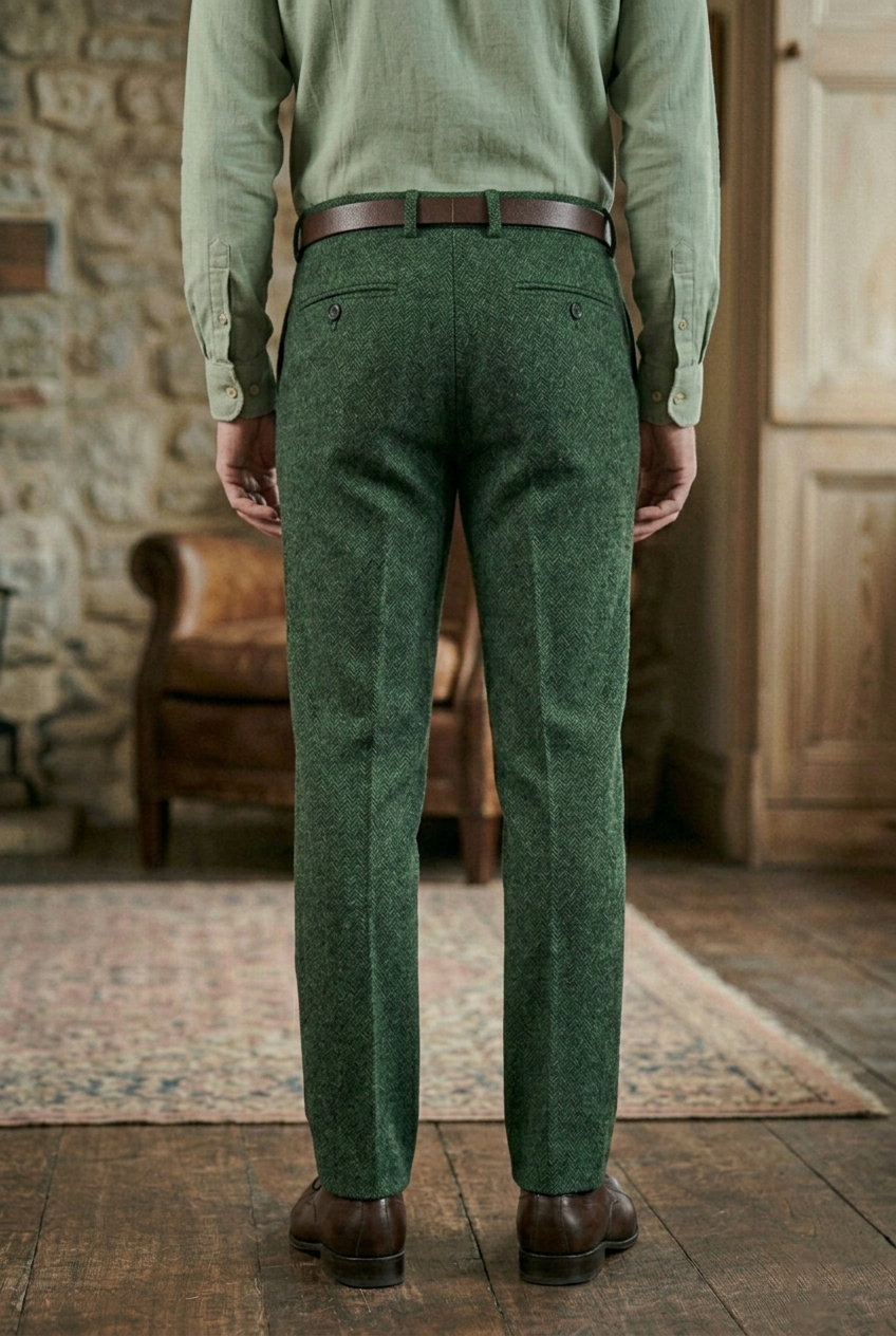 Men's Forest Green Herringbone Tweed Tailored Trousers