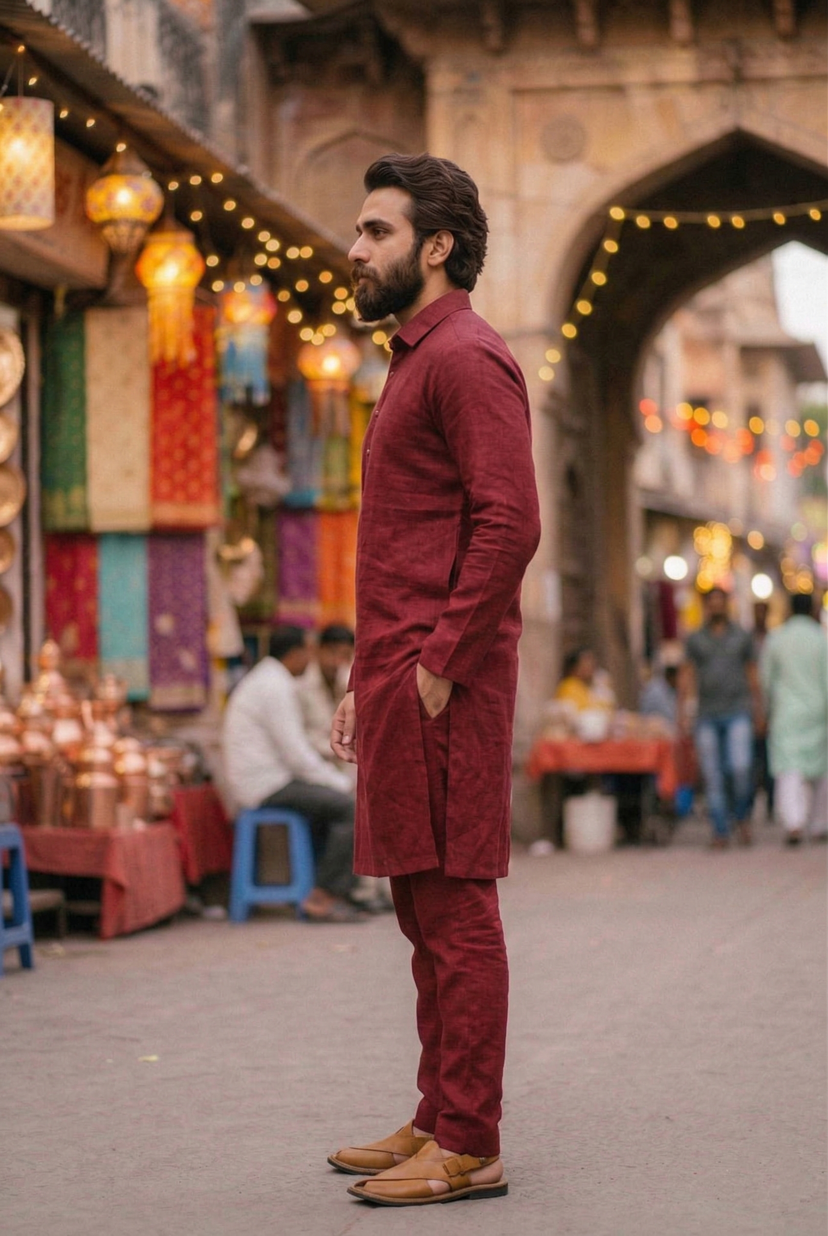 Men's Maroon Linen-Blend Plain Kurta Pajama Set