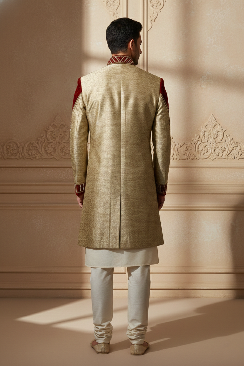 Royal Gold & Crimson Velvet Indo-Western Sherwani