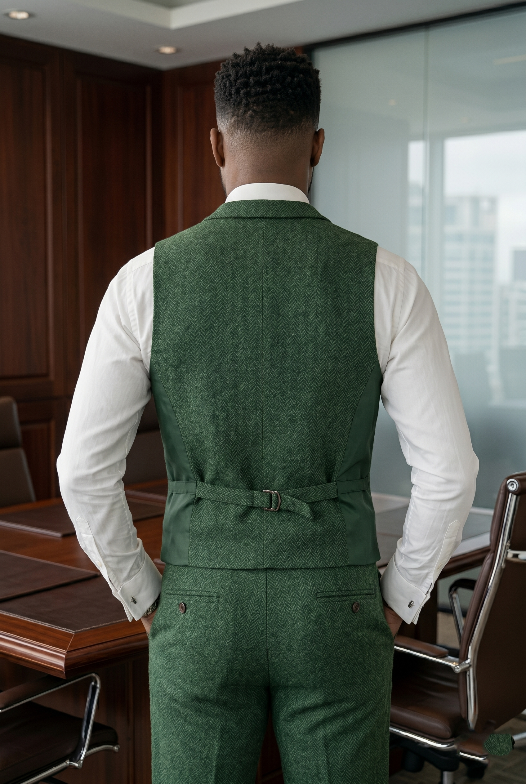 Men's Slim Fit Tweed Waistcoat Vintage Lapel Dress Suit Vest Sage Green
