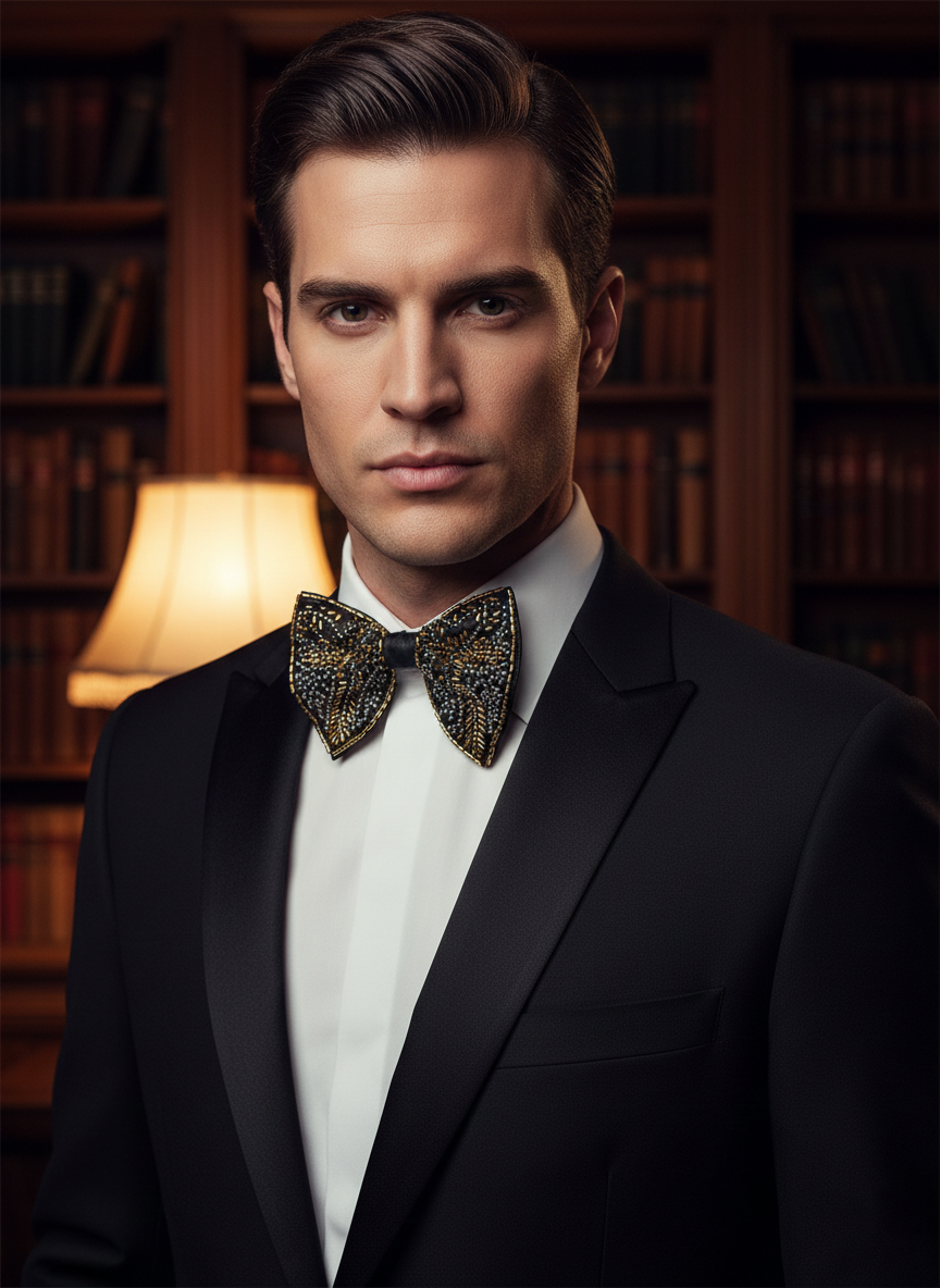 Luxury Black Silver and Gold Mosaic Beaded Bow Tie