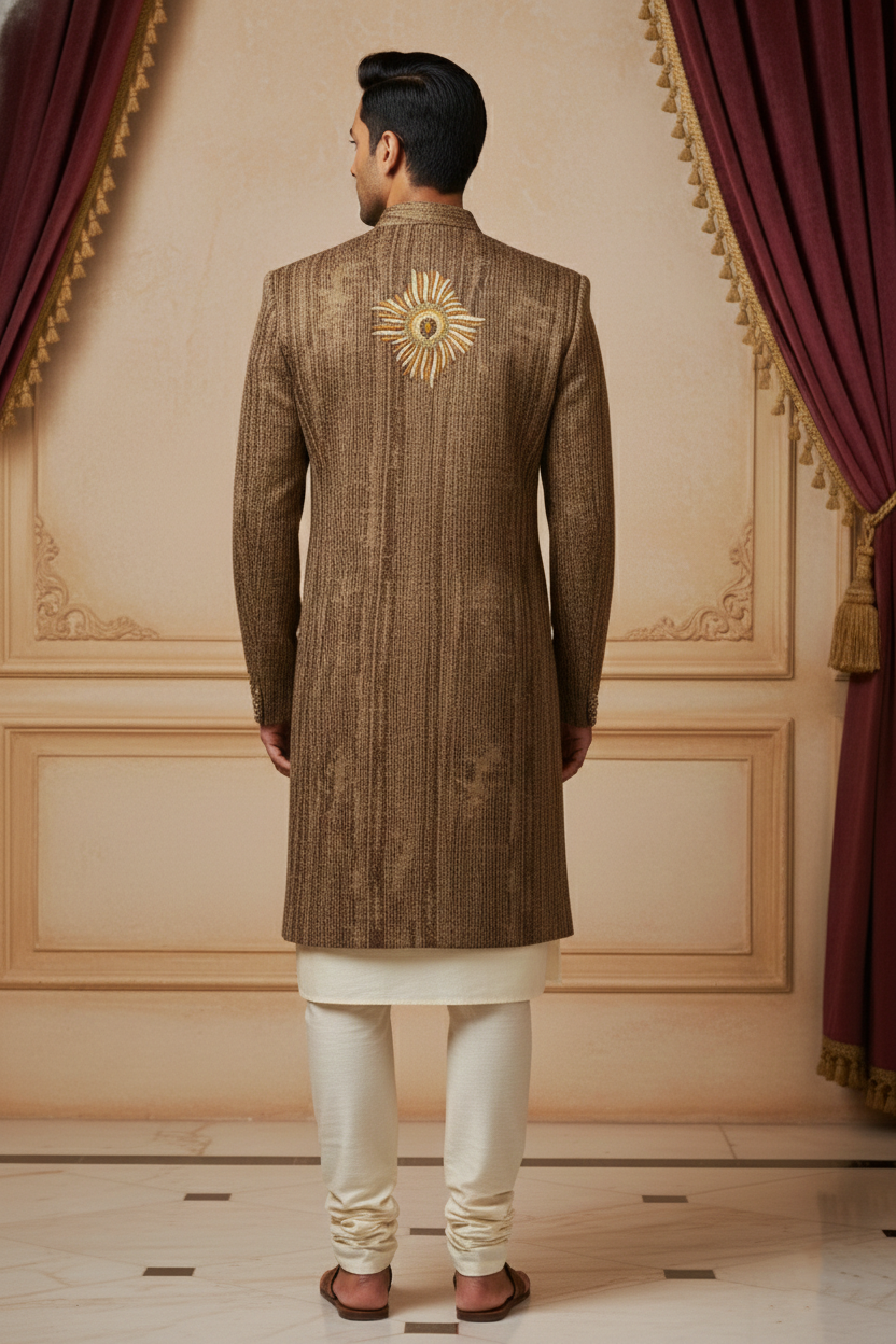 Bronze Earth Textured Open-Front Sherwani