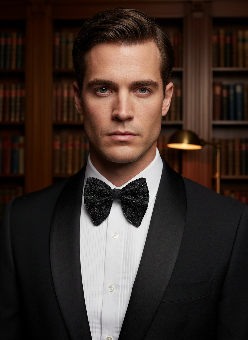 Sophisticated Black Bowtie Embellished with Jet Black Bugle Beads