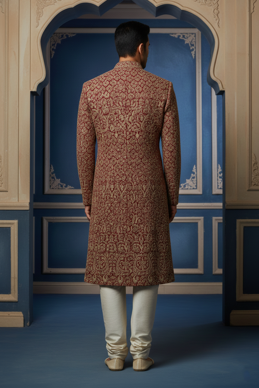 Royal Maroon & Gold Embroidered Wedding Sherwani