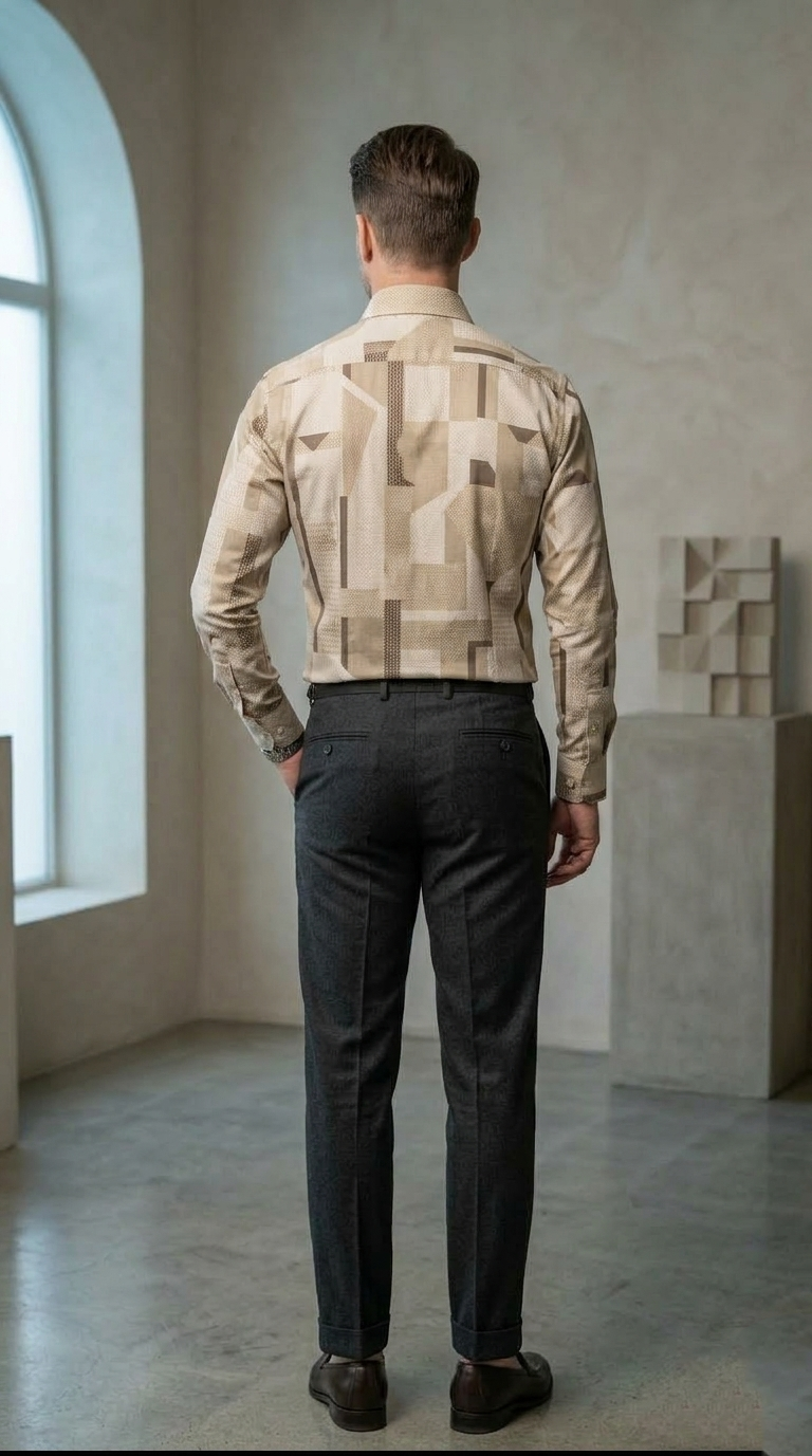 Men's Luxury Designer Geometric Print Button-Down – Slim Fit Abstract Pattern Shirt in Sand & Stone