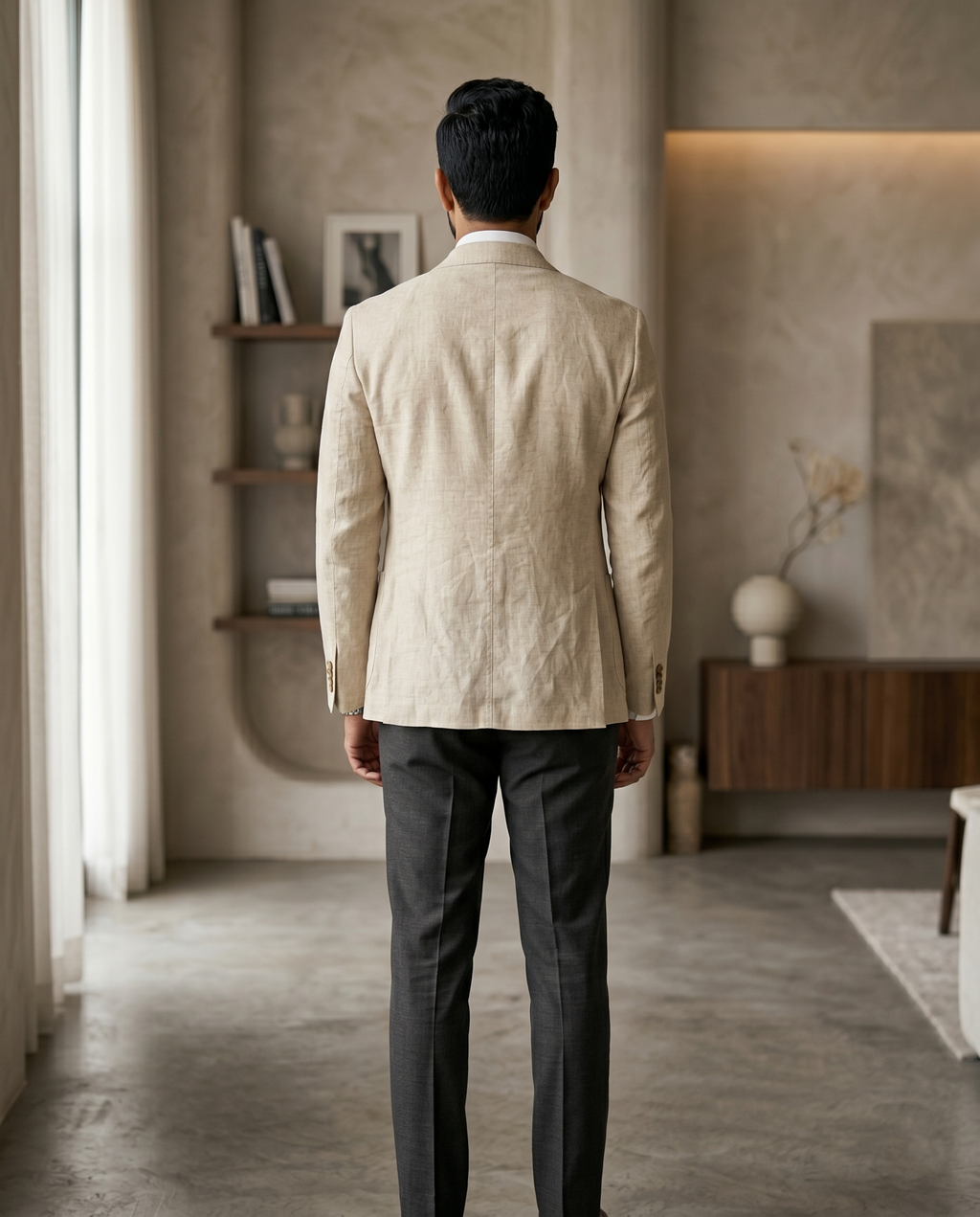 Premium Men's Slim Fit Cream Linen Blazer Textured Single Breasted Suit Jacket