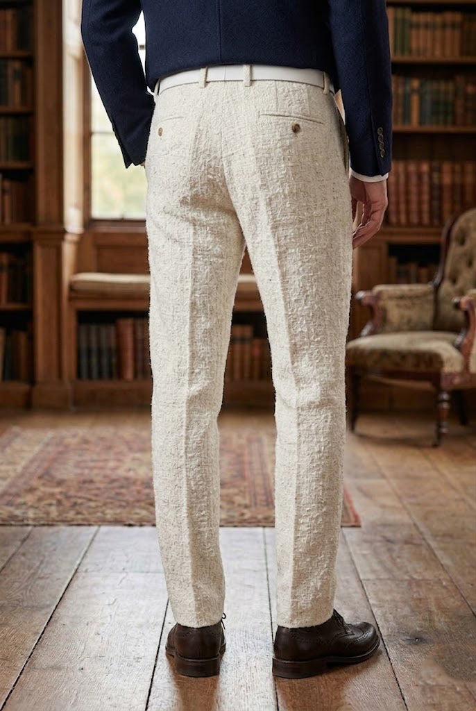 Men's Winter White Herringbone Tweed Tailored  Trousers