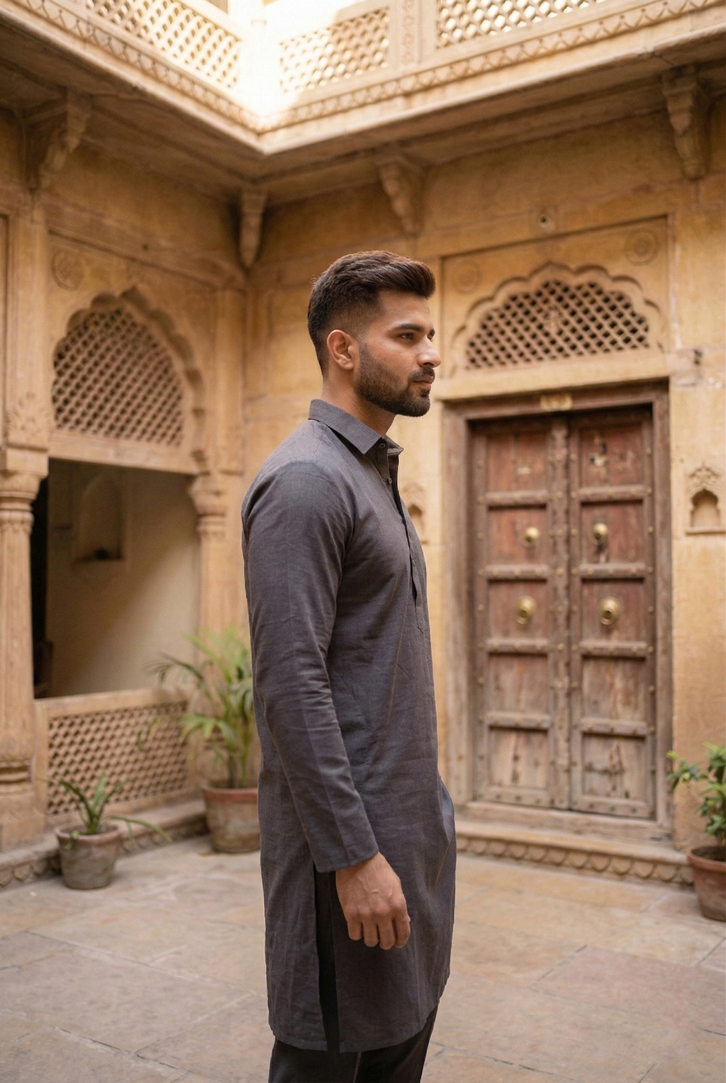 Men's Charcoal Grey Linen-Blend Plain Kurta Pajama  Set