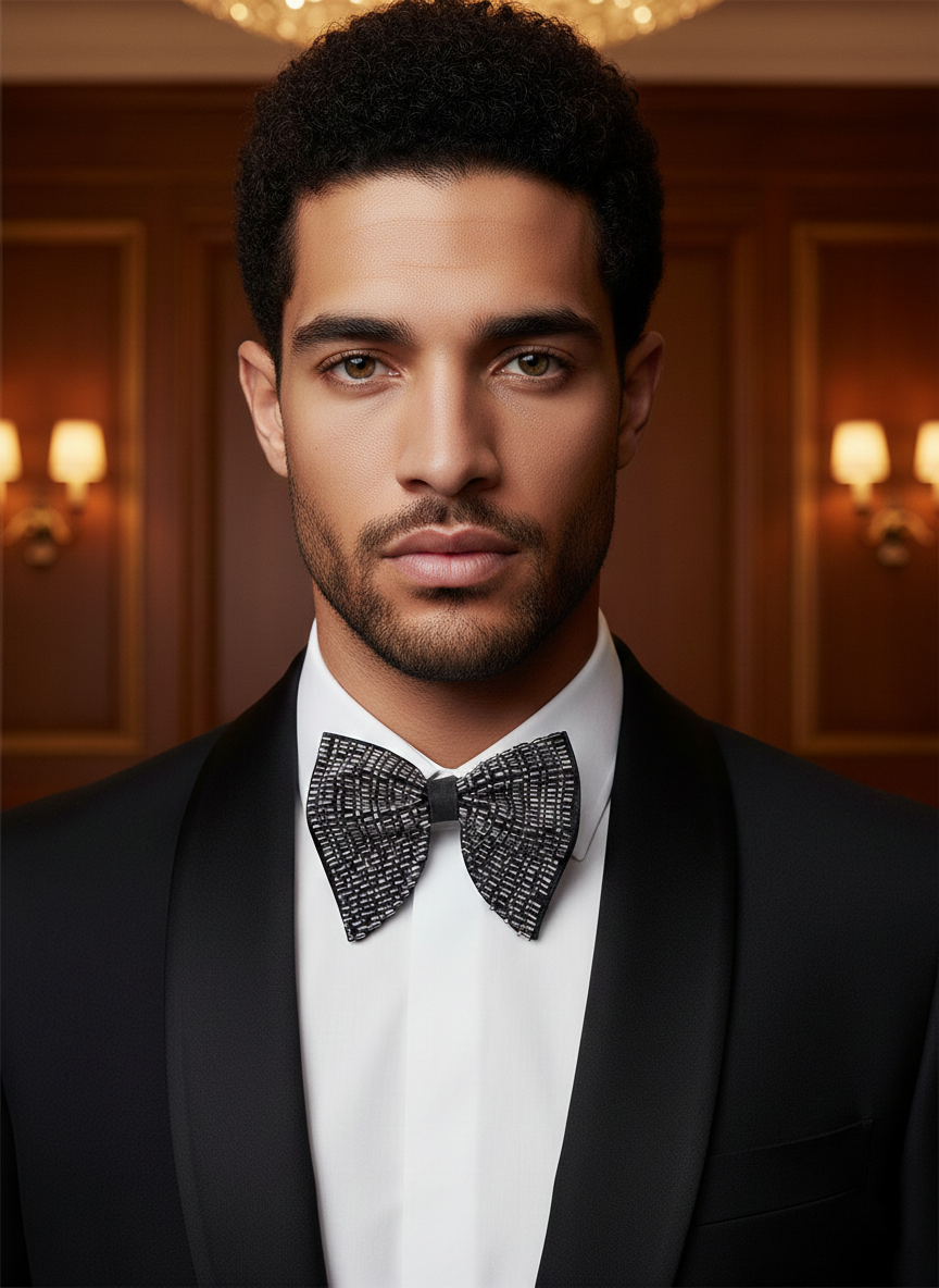 Elegant Black Bowtie with Silver and Purple Beaded Stripes