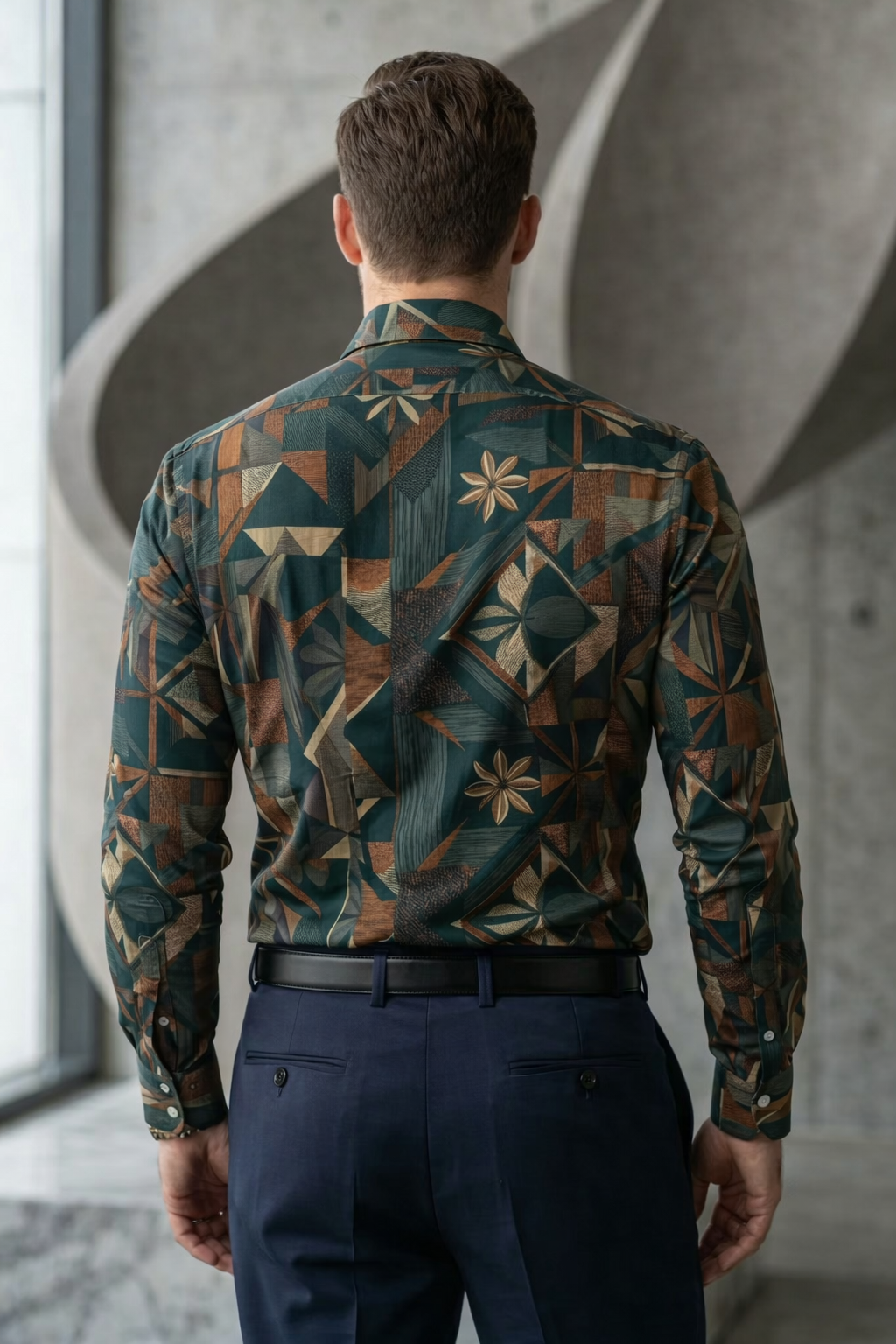 Men’s Designer Slim-Fit Abstract Botanical Mosaic Shirt – Forest & Bronze