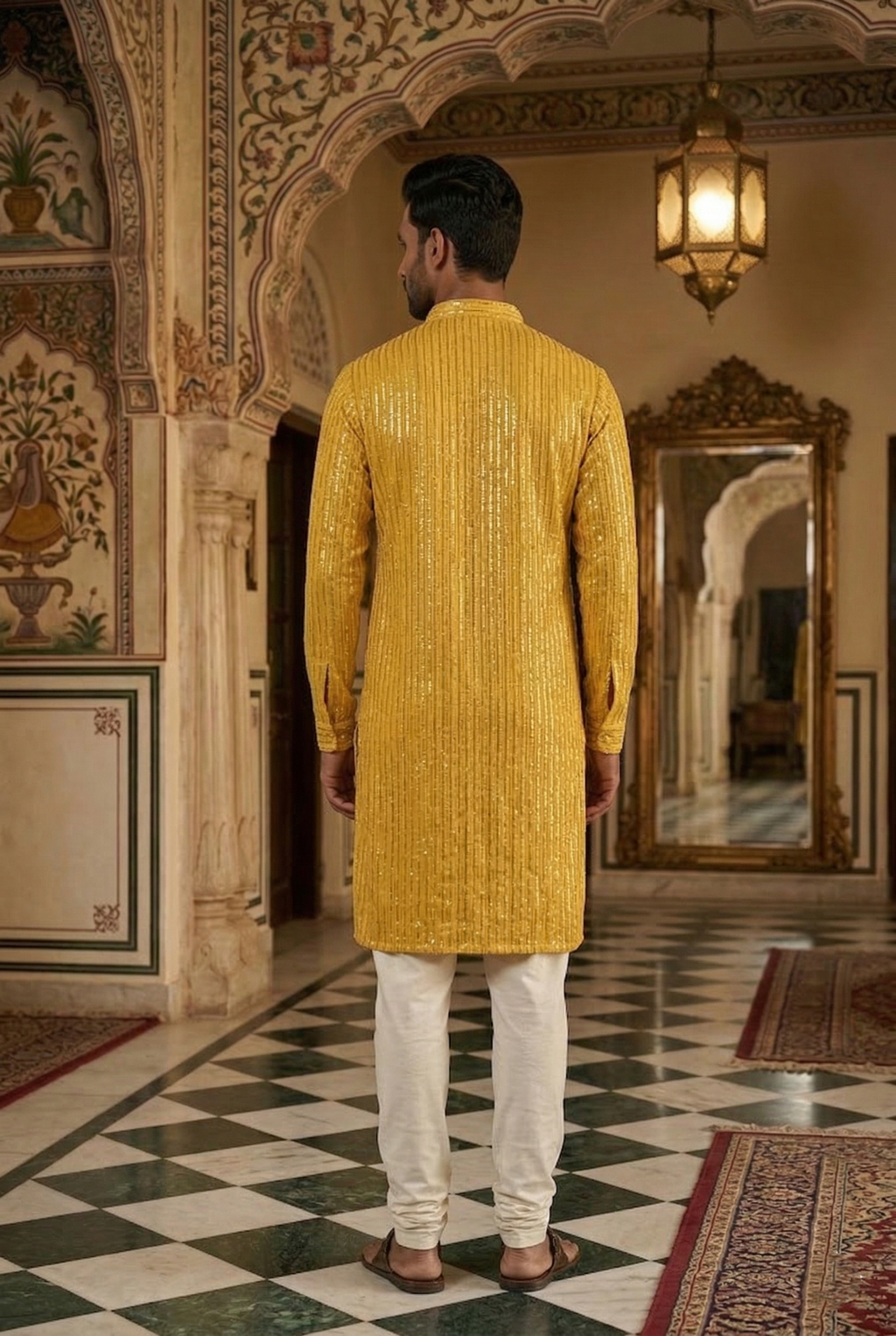 Men's Mustard Yellow Sequin Designer Kurta  Pajama